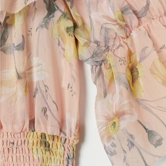H&M hm Off the Shoulder Ruffle Beige Pink Yellow Floral Print Chiffon Top 2 NWT - Picture 10 of 16